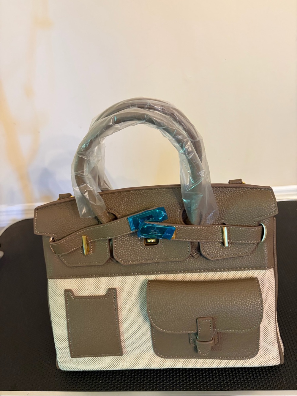 30cm Vegan Leather Taupe and Cream Structured Satchel Handbag - Women's Tote